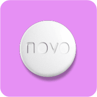 A round white pill with "novo" imprinted, set against a purple background.