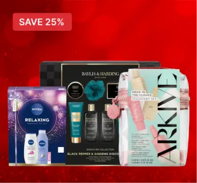 Gift sets including Baylis & Harding, Nivea, and Arkive products on a red background with a “Save 25%” label.