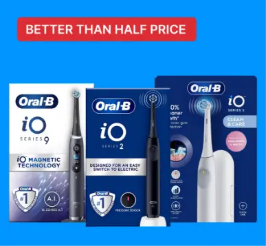 Three Oral-B electric toothbrush boxes with "Better Than Half Price" label on a blue background.