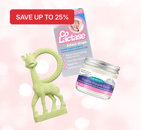 Promotional image showing a green giraffe teether, Co Lactase infant drops, and Lansinoh organic nipple balm with "Save up to 25%" offer.